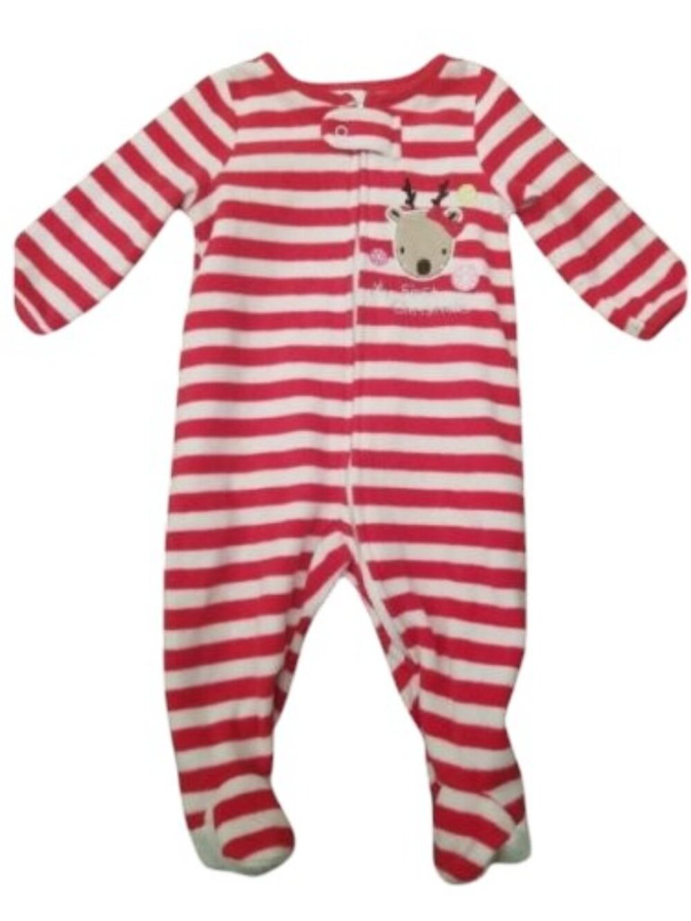 ABSORBA Red White Striped Reindeer MY FIRST CHRISTMAS Fleece Sleeper 0-6 mo
